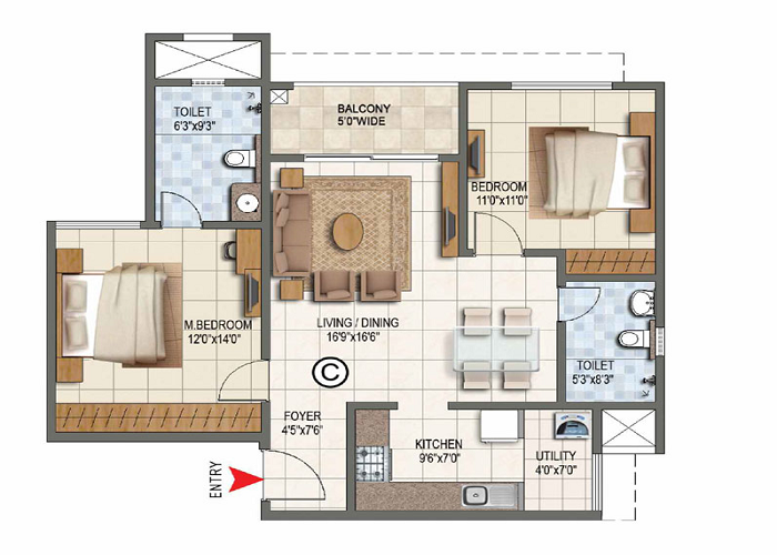 Prestige Windgates 3 BHK Floor Plan