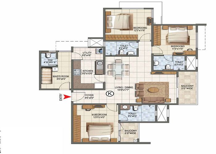 Prestige Windgates 3 BHK Floor Plan